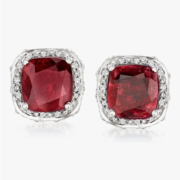 Precious Ruby Gemstone & White Topaz Stud Earrings in Solid Sterling Silver - Picture 6 of 8
